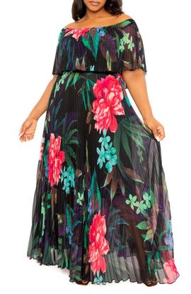 BUXOM COUTURE BUXOM COUTURE Floral Pleated Off the Shoulder Maxi Dress