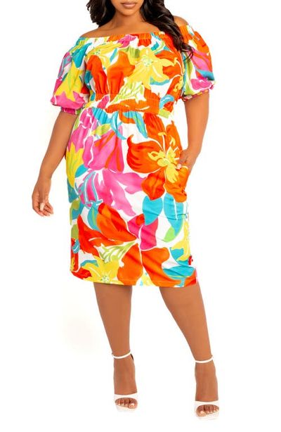 BUXOM COUTURE BUXOM COUTURE Floral Print Off the Shoulder Bow Back Dress