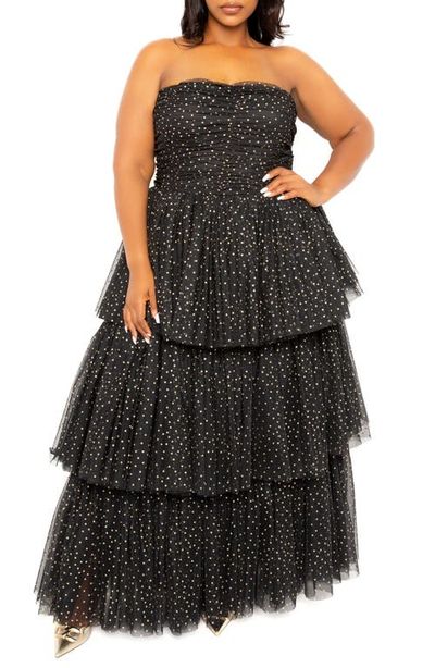 BUXOM COUTURE BUXOM COUTURE Metallic Polka Dot Strapless Tiered Tulle Dress