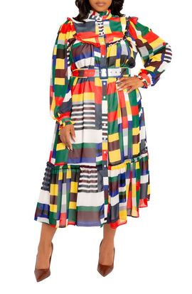 BUXOM COUTURE BUXOM COUTURE Plaid Ruffle Bib Belted Long Sleeve Maxi Dress