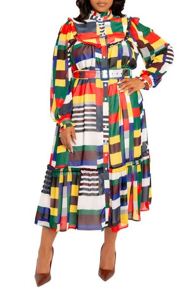 BUXOM COUTURE BUXOM COUTURE Plaid Ruffle Bib Belted Long Sleeve Maxi Dress