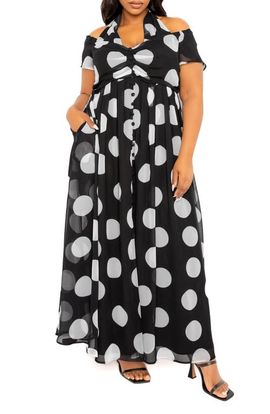 BUXOM COUTURE BUXOM COUTURE Polka Dot Off the Shoulder Halter Maxi Dress