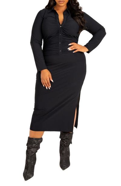 BUXOM COUTURE BUXOM COUTURE Ruched Long Sleeve Body-Con Shirtdress