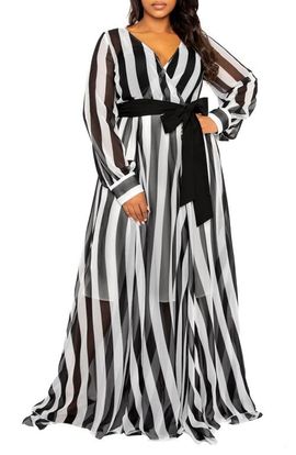 BUXOM COUTURE BUXOM COUTURE Stripe Semisheer Tie Belt Foux Wrap Maxi Dress