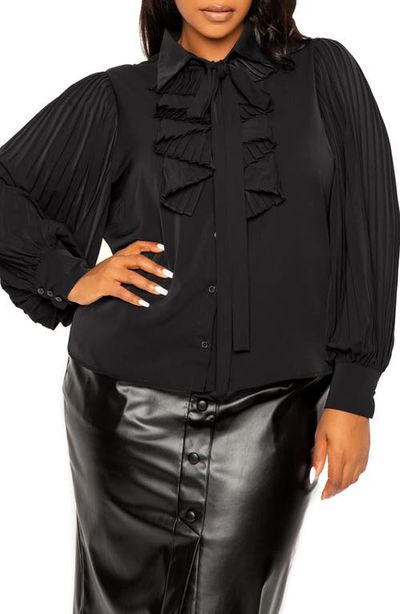 BUXOM COUTURE BUXOM COUTURE Tie Neck Pleated Sleeve Top