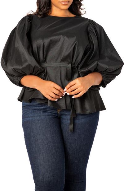 BUXOM COUTURE BUXOM COUTURE Tie Waist Voluminous Elbow Sleeve Taffeta Peplum Top