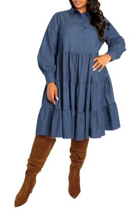 BUXOM COUTURE BUXOM COUTURE Tiered Long Sleeve Denim Dress