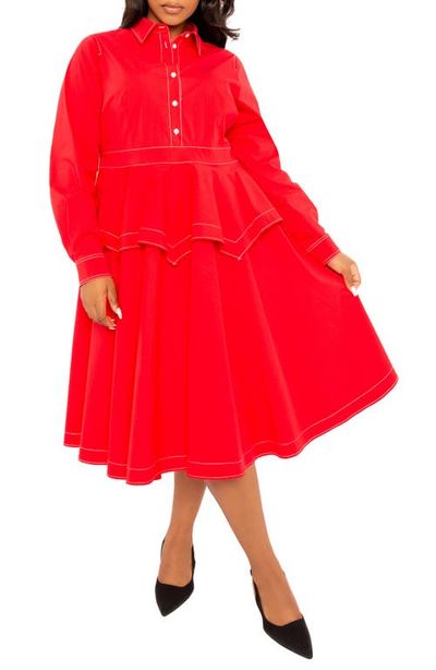 BUXOM COUTURE BUXOM COUTURE Topstitched Long Sleeve Peplum Shirtdress
