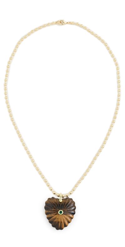 By Adina Eden By Adina Eden Cubic Zirconia Bezel Heart Charm Ball Chain Necklace Tiger Eye One