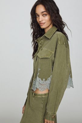 By Anthropologie 100% Cotton Lace-Hem Buttondown Shirt