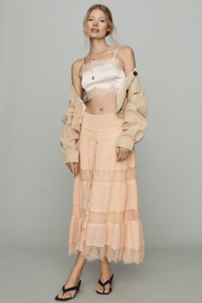By Anthropologie 100% Cotton Tiered Lace Midi Skirt