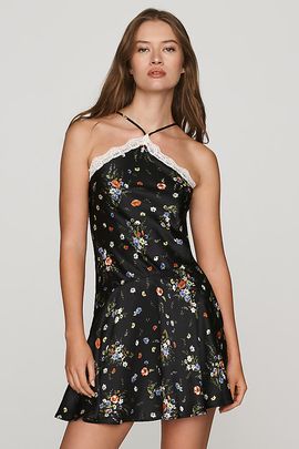 By Anthropologie 100% Silk Lace-Trim Halter Mini Dress