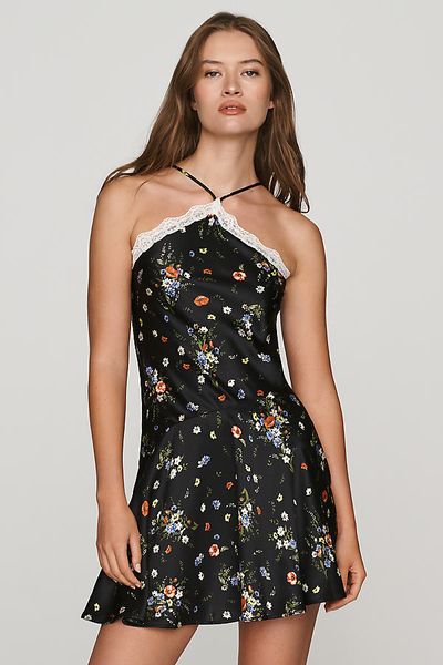 By Anthropologie 100% Silk Lace-Trim Halter Mini Dress