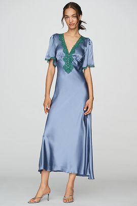 By Anthropologie 100% Silk Satin Lace-Trim Maxi Dress