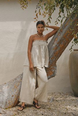 By Anthropologie Aubrey Smocked Linen Blend Pants