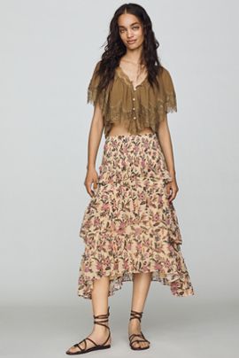 By Anthropologie Boho Smocked Tiered Midi Skirt