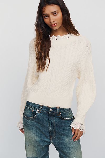 By Anthropologie Cable Knit Ruffle Sweater