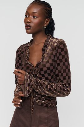 By Anthropologie Checkered Flocked Cardigan Top