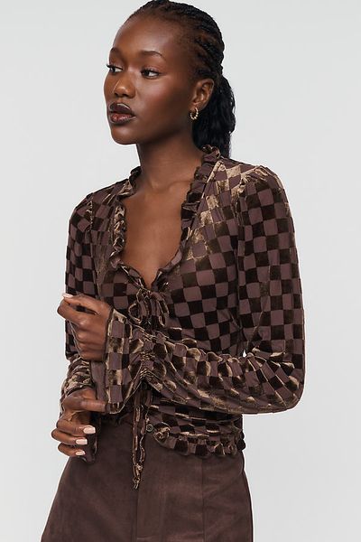 By Anthropologie Checkered Flocked Cardigan Top