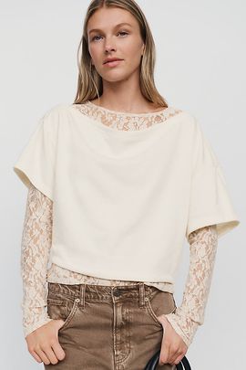 By Anthropologie Cotton Blend Lace Twofer Top