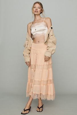 By Anthropologie Cotton Tiered Lace Midi Skirt