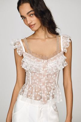 By Anthropologie Cropped Lace Ruffle Tank Top