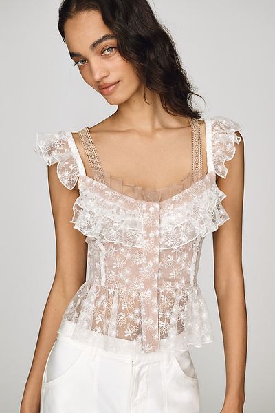 By Anthropologie Cropped Lace Ruffle Tank Top