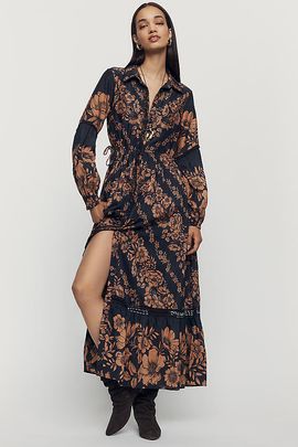 By Anthropologie Eleanora Printed Buttondown Midi Shirtdress