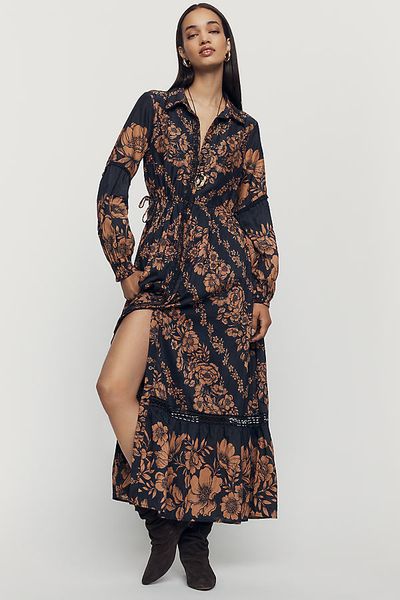 By Anthropologie Eleanora Printed Buttondown Midi Shirtdress