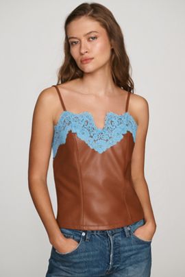 By Anthropologie Faux-Leather Lace-Trim Camisole Top