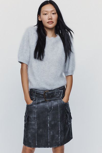 By Anthropologie Faux Leather Belted Skirt