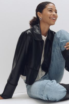 By Anthropologie Freya Faux Leather Whip-Stitch Swing Jacket