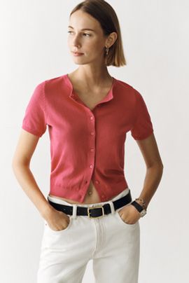 By Anthropologie Juliet Cotton Cashmere Short-Sleeve Crew-Neck Cardigan Sweater
