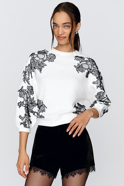 By Anthropologie Layered Lace Puff Sleeve Top