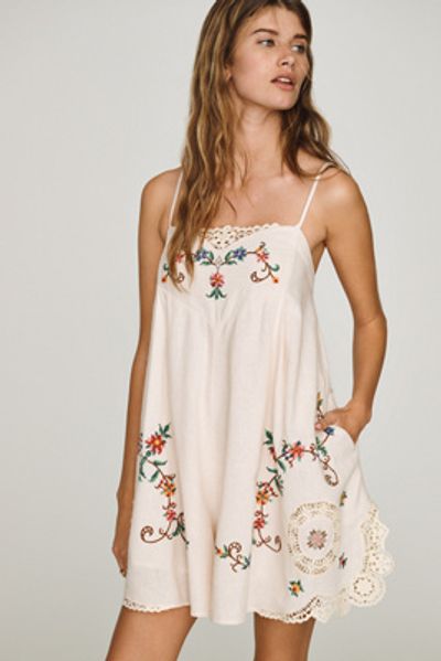 By Anthropologie Linen Cotton Embroidered Romper