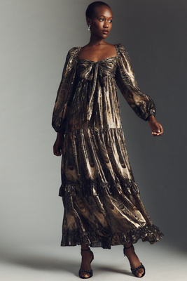 long sleeve metallic midi dress Plus Size Tie Waist Lurex Deep V-Neck, Oaklyn Midi Dress in Gold, Size 3X, For GNO/Date Night Or Holiday Party