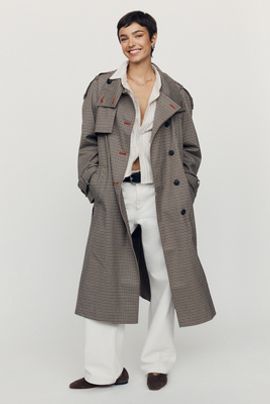 By Anthropologie Lottie Longline Check Trench Coat Jacket