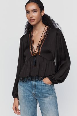 By Anthropologie Satin Lace Trimmed Plunge Blouse