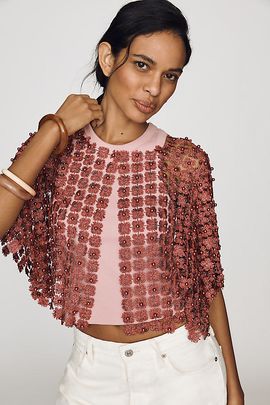 By Anthropologie Sheer Pearl Lace Cape Top