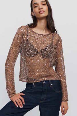 By Anthropologie Sheer Sequin Crewneck Top