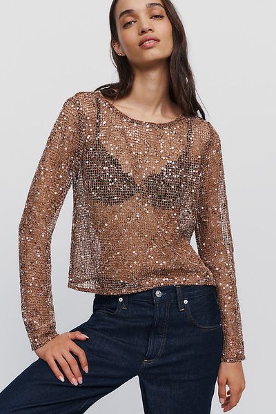 By Anthropologie Sheer Sequin Crewneck Top