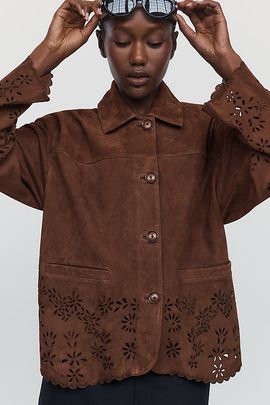 By Anthropologie Suede Cutwork Barn Jacket