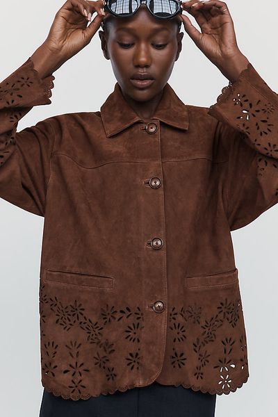 By Anthropologie Suede Cutwork Barn Jacket