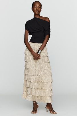 By Anthropologie Tiered Metallic Maxi Skirt