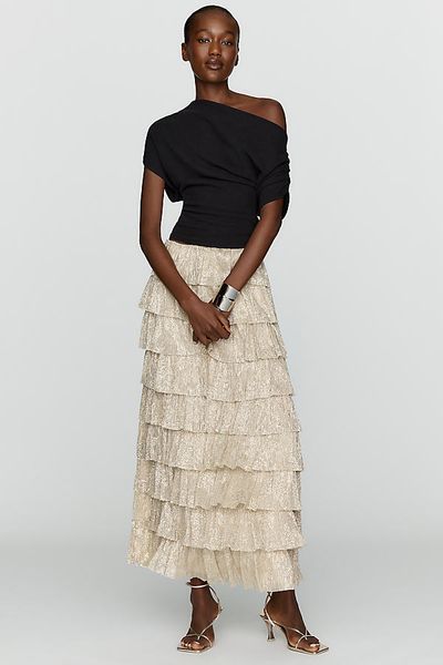By Anthropologie Tiered Metallic Maxi Skirt
