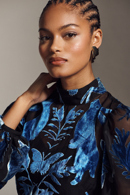 farm rio x anthropologie long-sleeve burnout velvet mini dress Farm Rio x Anthropologie Long-Sleeve Burnout Velvet Mini Dress