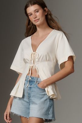 By Anthropologie Waisted Short-Sleeve Tie-Front Tee