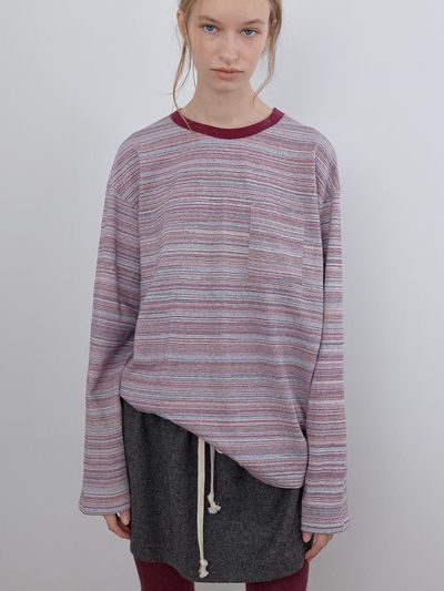 CACELE STRIPE CREW NECK LONG SLEEVE TOP, RED
