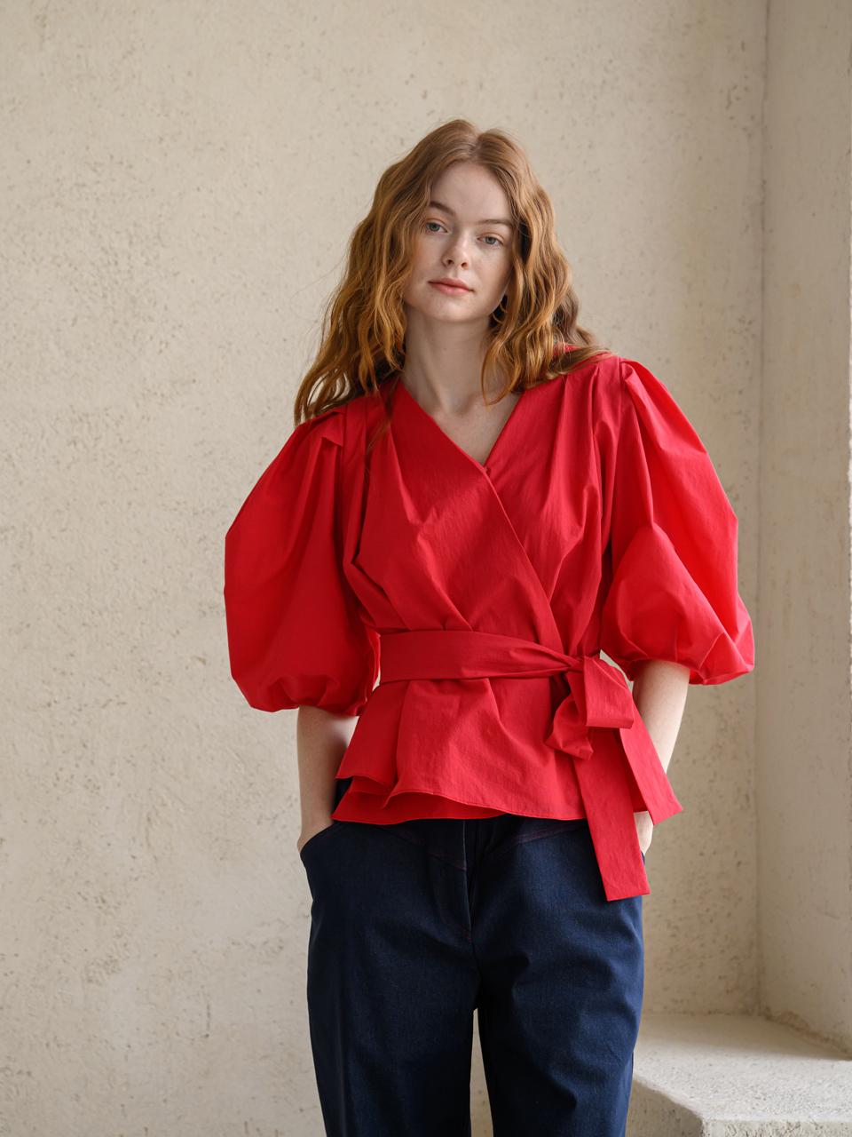 CAHIERS [CAHISIENNE] Puff Sleeve Drape Wrap Blouse