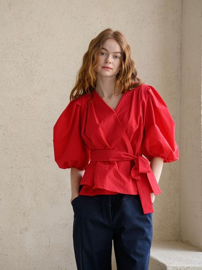 CAHIERS [CAHISIENNE] Puff Sleeve Drape Wrap Blouse
